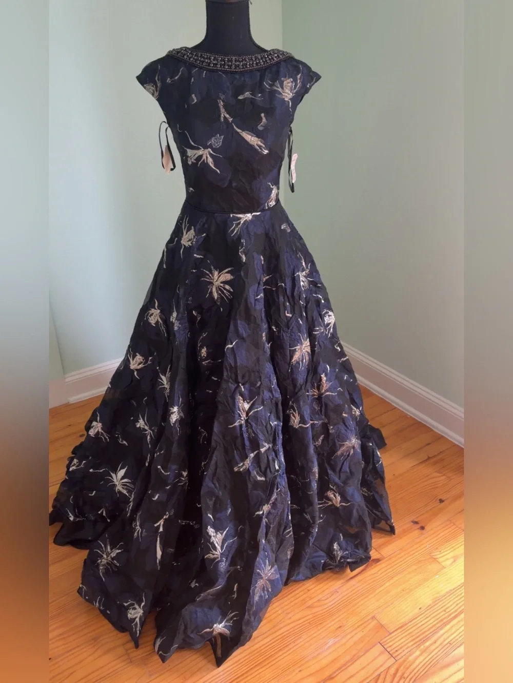 Mac Duggal Navy Blue Ball Gown with Metallic Floral Embroidery - Picture 2 of 4